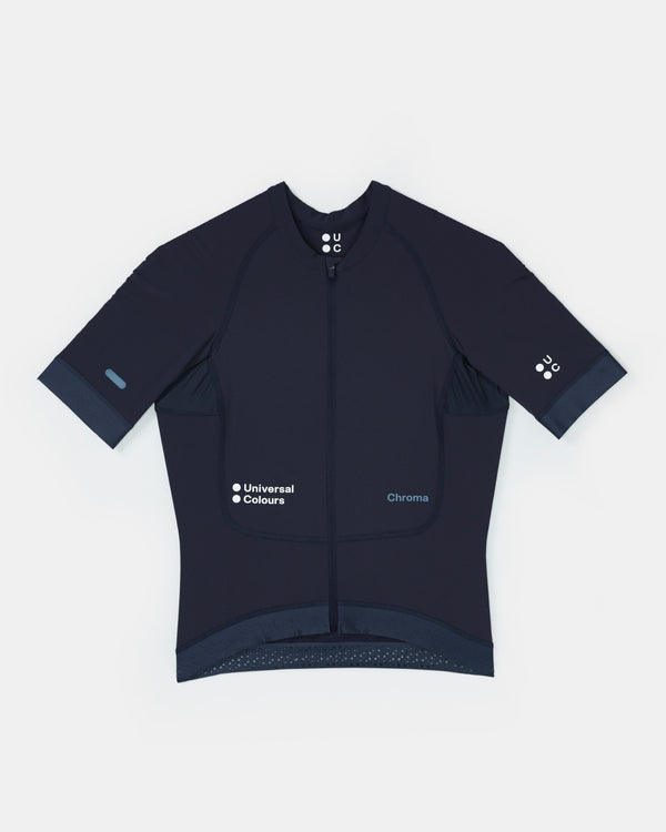 Women's Chroma Short Sleeve Jersey in Midnight Blue flatlay: full zip, side mesh panels and reflective sleeve tab.