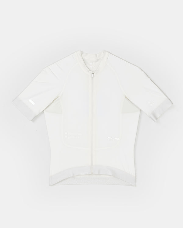 Women's Chroma Short Sleeve Jersey in Off White flatlay: full zip, side mesh panels, Universal Colours and Chroma wordmarks.