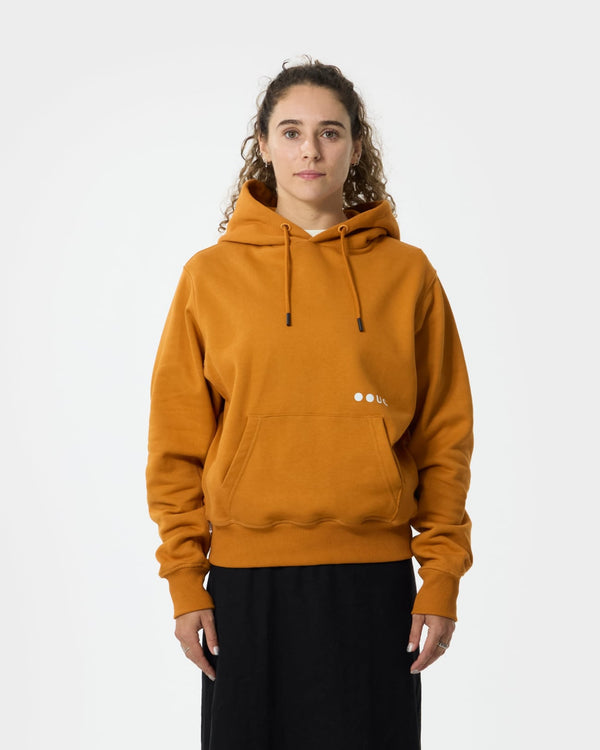 Model wearing the Unisex Hoodie in Burnt Orange, hood down, front view showing drawcords and white UC chest logo.