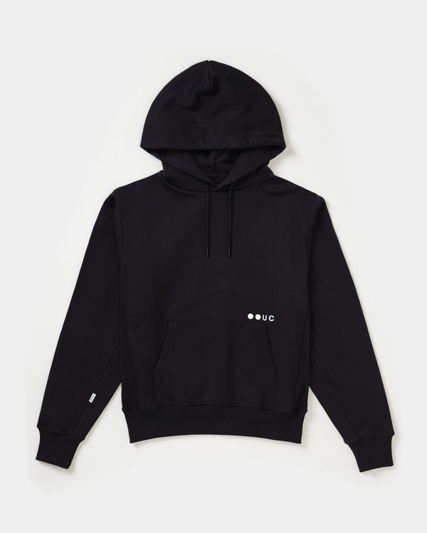 Unisex Hoodie in Charcoal Black, front flatlay: drawcord hood, kangaroo pocket and white UC dot logo above pocket.