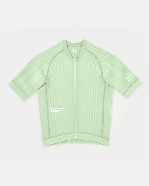 Men's Chroma Light Short Sleeve Jersey in Bower Green flatlay, full-length zip and sheer ripstop mesh body.