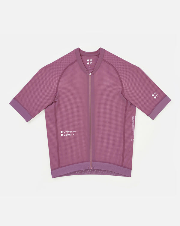 Flatlay front: Men's Chroma Light Jersey in Dusty Lilac with full zip, grid woven fabric and tonal hem gripper.