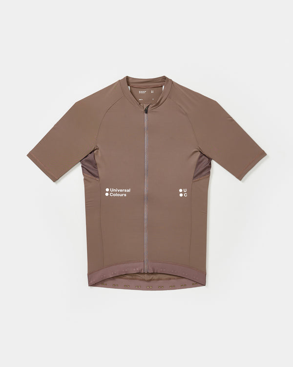 Flatlay of the Men's Mono Short Sleeve Jersey in Portobello Grey: full-length zip, chest wordmark and mesh side panels.