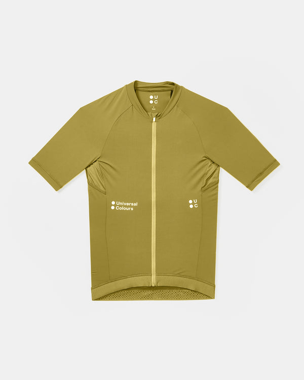 Flatlay of the Men's Mono Short Sleeve Jersey in Acidic Yellow with full-length zip, tonal hem and side mesh panels.