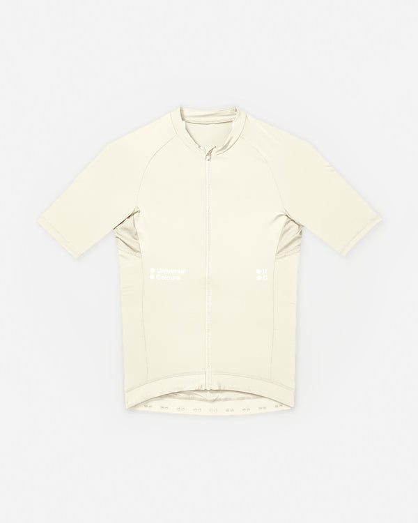 Men's Mono Short Sleeve Jersey in Tampered White, flatlay: full-length zip, raglan sleeves and tonal UC chest logos.
