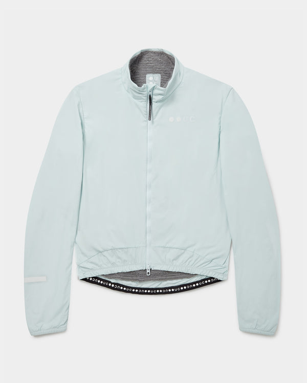 Front flatlay: Men's Mono Insulated Jacket in Misty Blue with high collar, two-way zip open at hem revealing fleece interior.