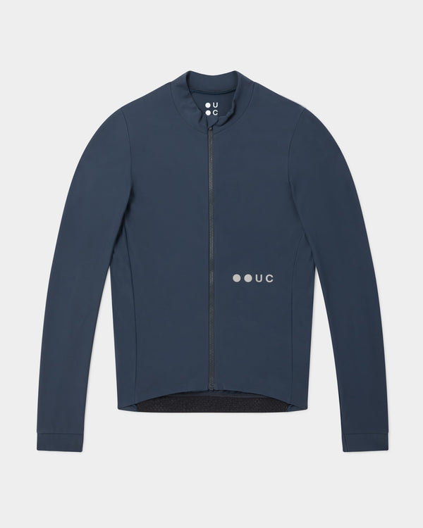 Men's Mono Long Sleeve Jersey in Eclipse Navy, flatlay front view: high collar, full zip, tonal UC logo and dropped tail.