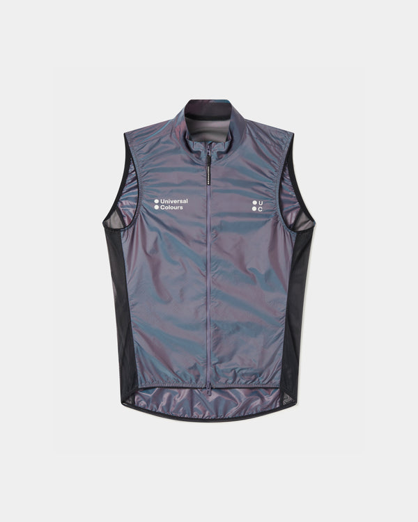 Unisex Spectrum Gilet 2.0 in Iridescent Violet, flatlay front view: full-length zip, dual chest logos, mesh side panels.