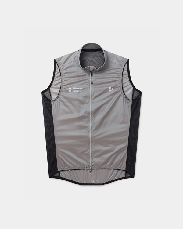 Front flatlay: Spectrum Gilet 2.0 in Oyster Blue — translucent ripstop, black side mesh panels and full-length zip.