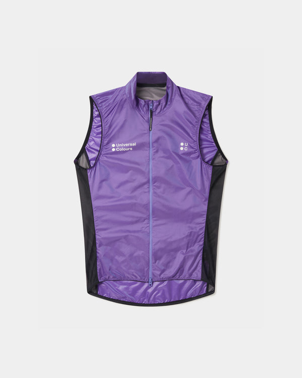 Unisex Spectrum Gilet 2.0 in Amethyst Purple, flatlay front: full-length zip, high collar and black mesh side panels.