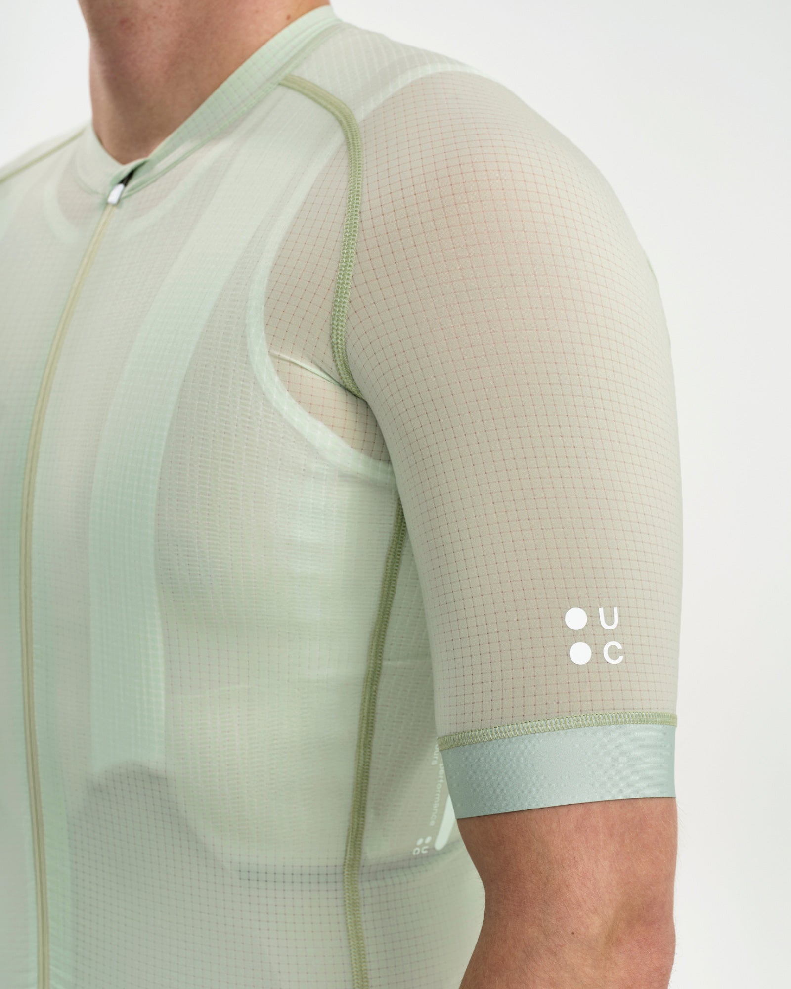 Sleeve detail: tonal UC dots logo on sheer ripstop, with bonded shoulder seam and elasticated Bower Green cuff.
