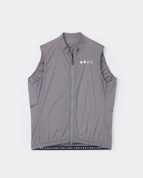 Men's Mono Gilet in Shoot Grey, flatlay front view: stand collar, full-length zip, tonal UC chest logo and gripper hem.