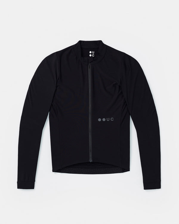 Flatlay of the Men's Mono Long Sleeve Jersey in Black: mock collar, full-length front zip and tonal UC chest logo.