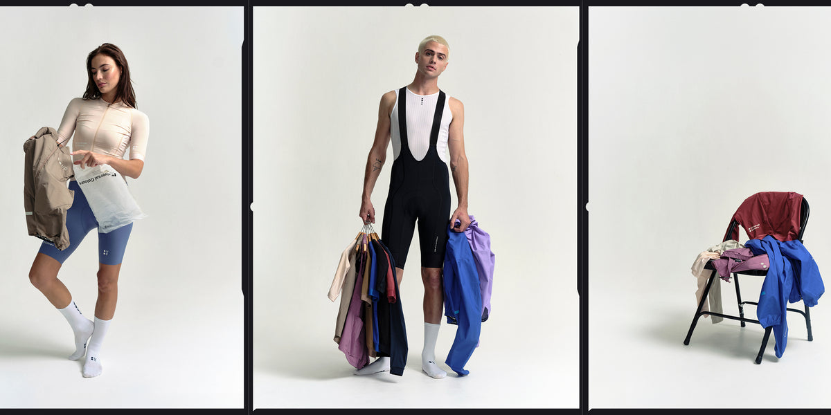 Three photographs side by side: a woman holding a jacket and a Universal Colours bag, a man in bib shorts carrying jerseys and jackets on hangers, and a chair piled with jackets and jerseys.