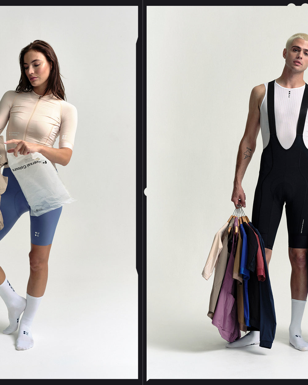 A woman holding a jacket and a Universal Colours bag, next to a man in bib shorts carrying jerseys and jackets on hangers.