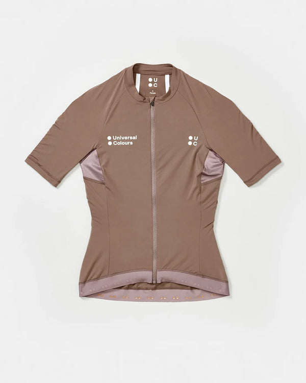 Women's Mono Short Sleeve Jersey in Portobello Grey flatlay: full zip, mauve mesh side panels and silicone-dot gripper hem.