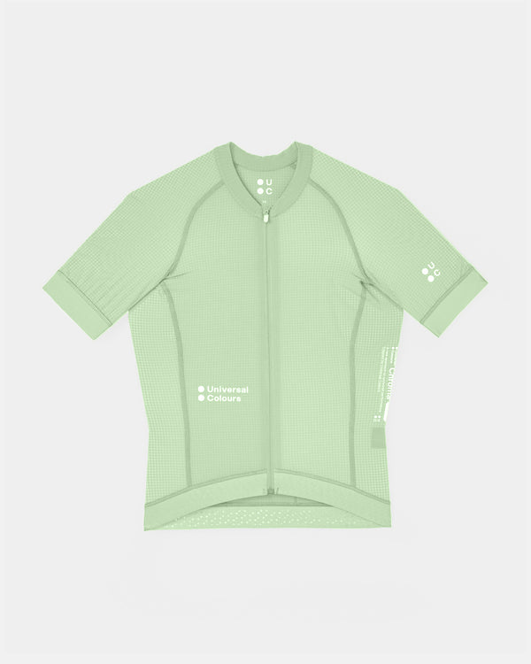 Women's Chroma Light Short Sleeve Jersey in Bower Green, flatlay front view showing ripstop grid fabric and full-length zip.