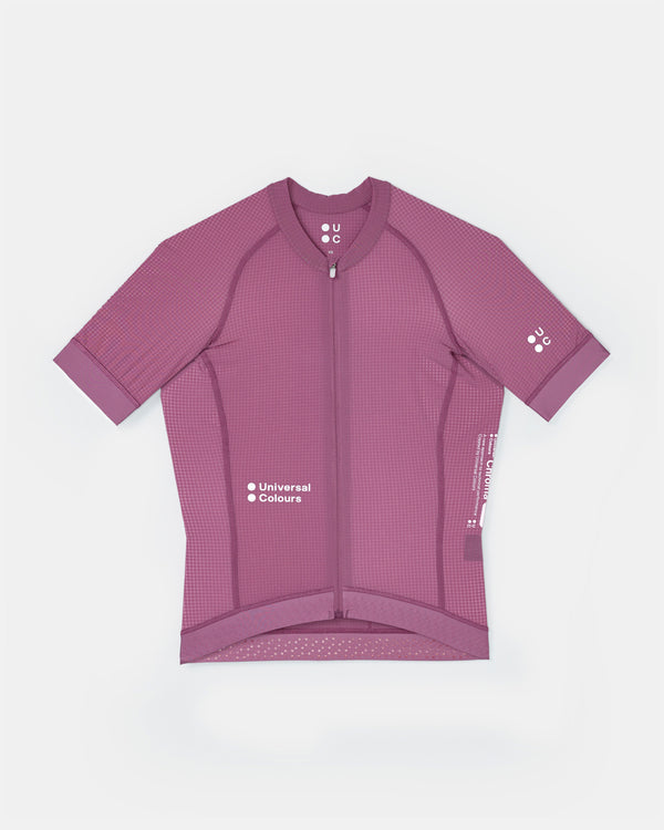 Women's Chroma Light Short Sleeve Jersey in Dusty Lilac, flatlay: ripstop grid fabric, full zip and dotted gripper hem.