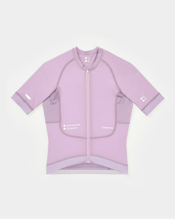 Women's Chroma Short Sleeve Jersey in Washed Lilac, flatlay: full-length zip, raglan sleeves and mesh side panels.