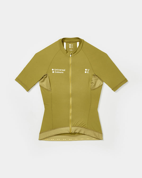Flatlay of the Acidic Yellow Mono Short Sleeve Jersey: full-length zip, mesh side panels and reflective hem dots, front view.