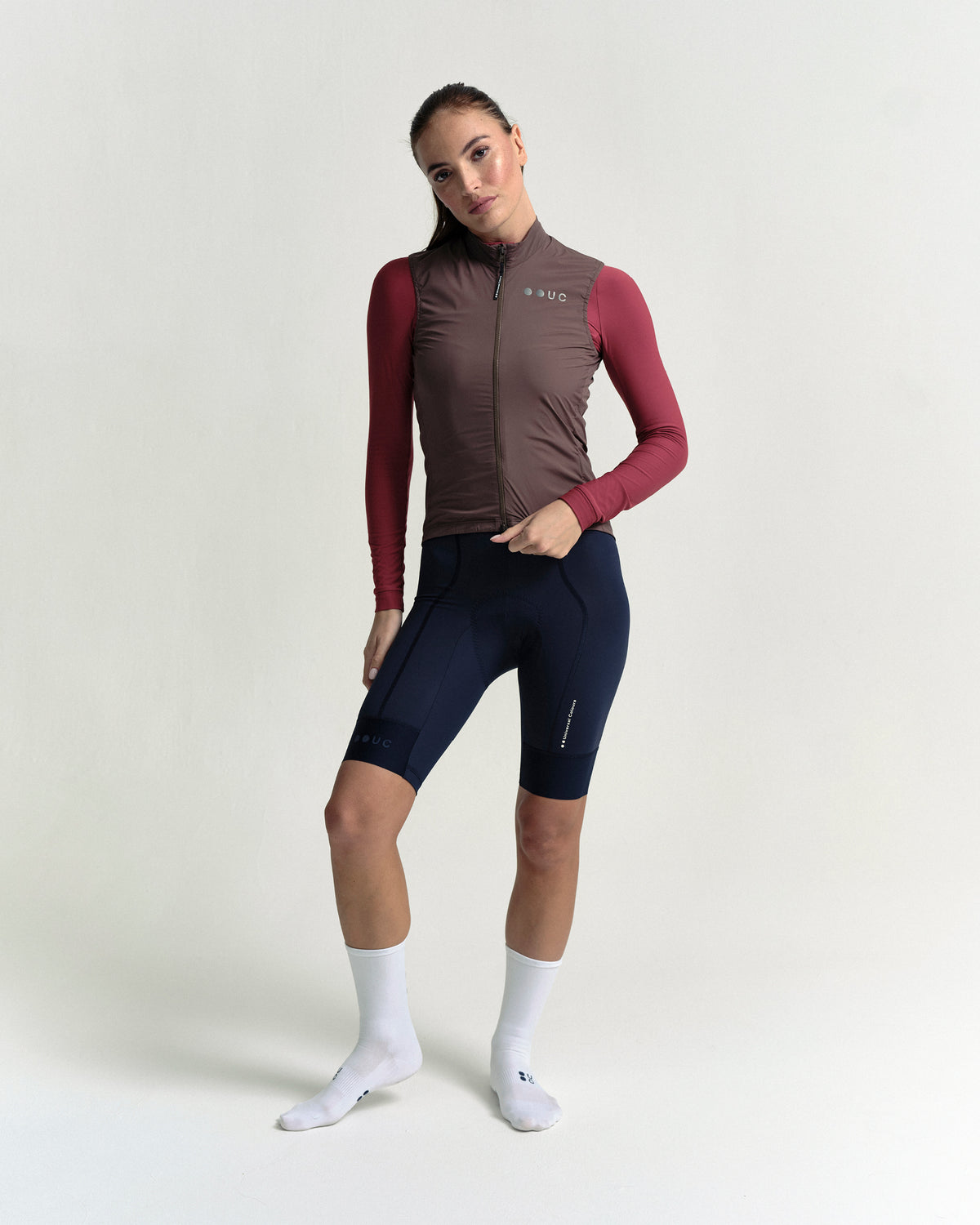 Model wearing the Women's Mono Gilet 2.0 in Stone Brown.