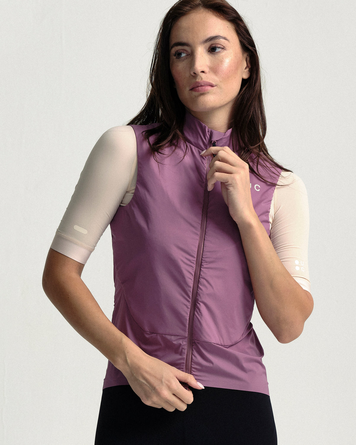 Model wearing the Women's Chroma Insulated Gilet in Dusty Rose.