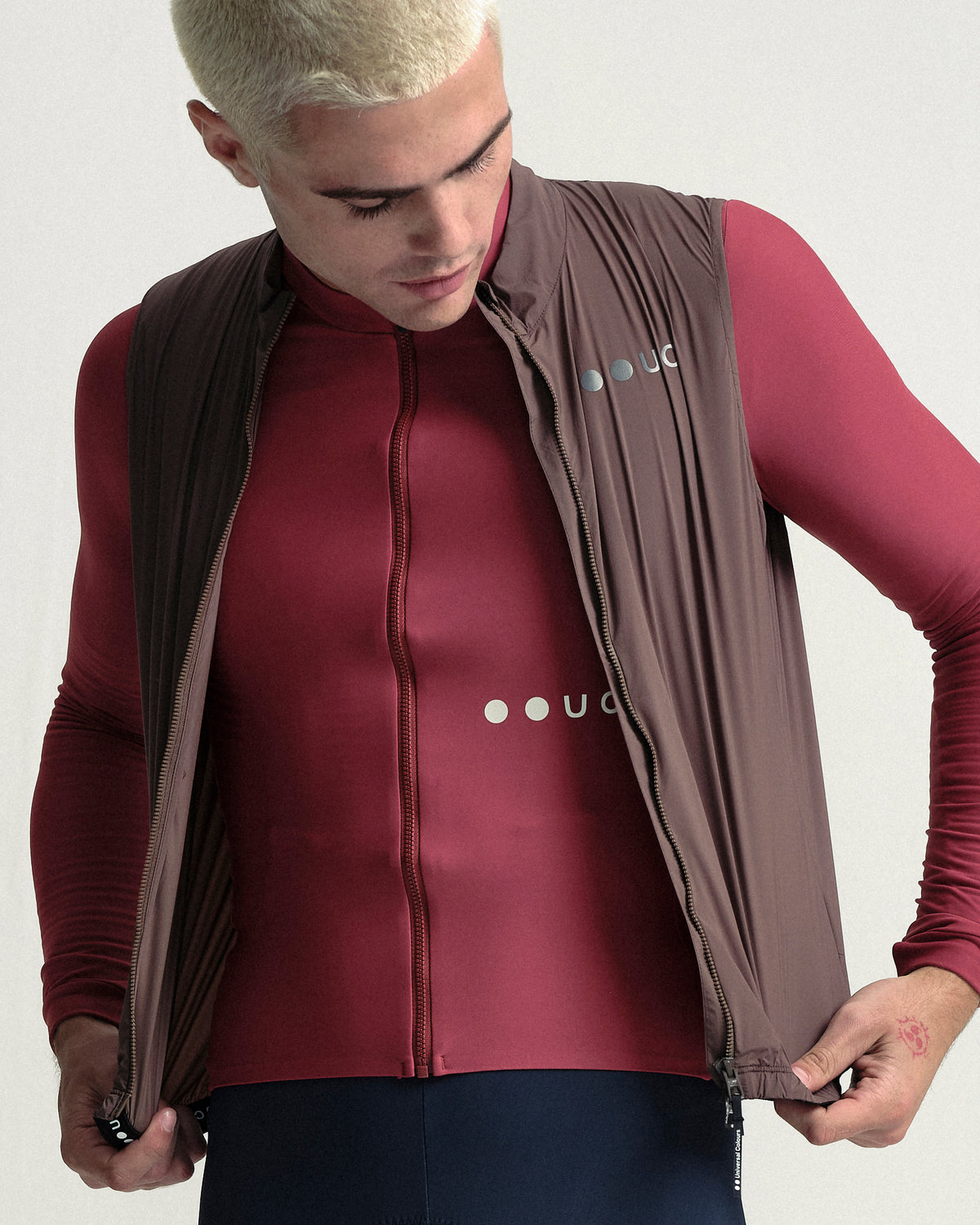 Model wearing the Men's Mono Gilet 2.0 in Stone Brown.