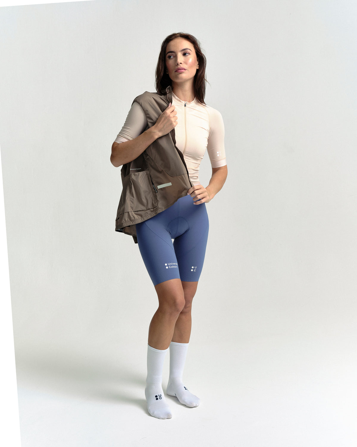 Model wearing the Women's Chroma Insulated Gilet in Walnut Brown.